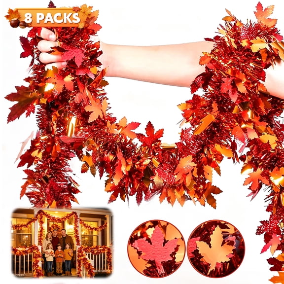Amaopus 8 Pack Thanksgiving Garland Decorations, 52.5Ft Glitter Tinsel Leaf Thanksgiving Decor for Tree Autumn Mantle Bedroom Office Classroom Party Indoor Outdoor Holiday Home