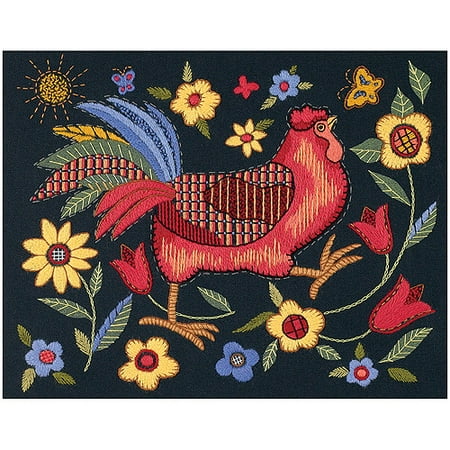 Dimensions "Rooster On Black" Crewel Kit, 11" x 14", Stitched In Wool and Thread