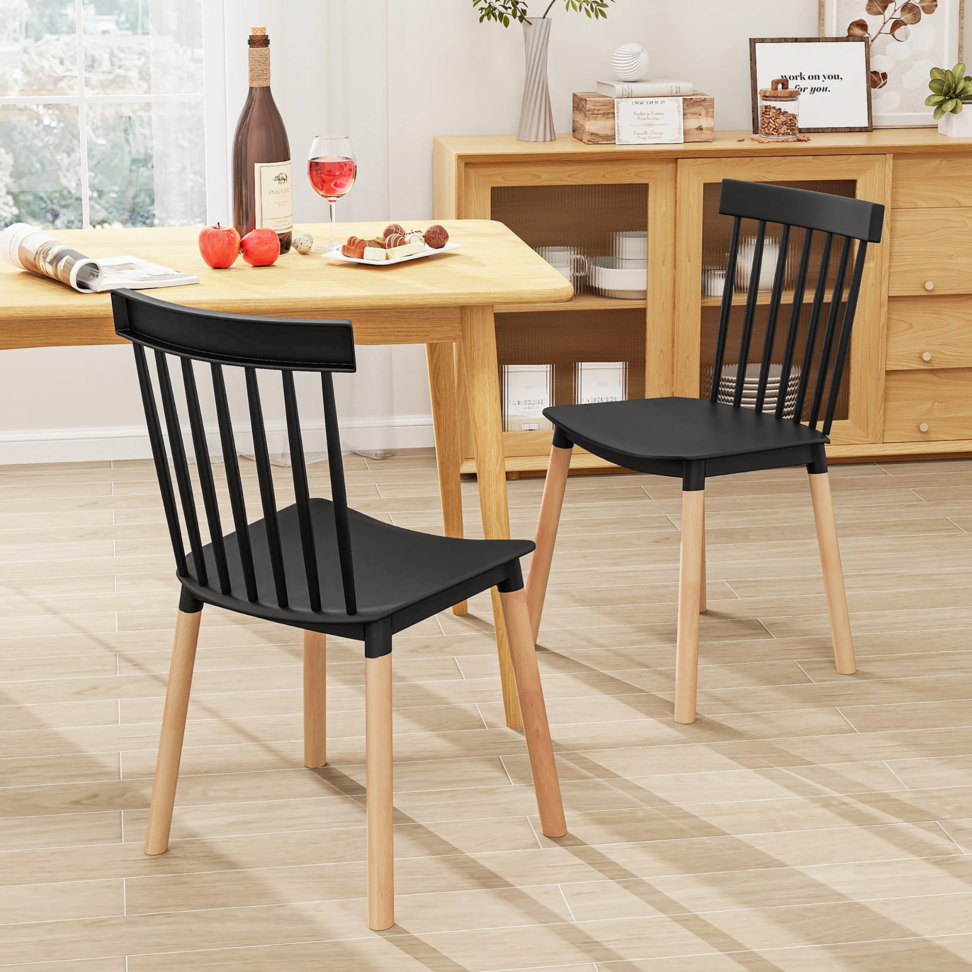 Gymax Set of 4 Windsor Dining Chairs Dining Chairs w/ Spindle Backs & Curved Seats Black