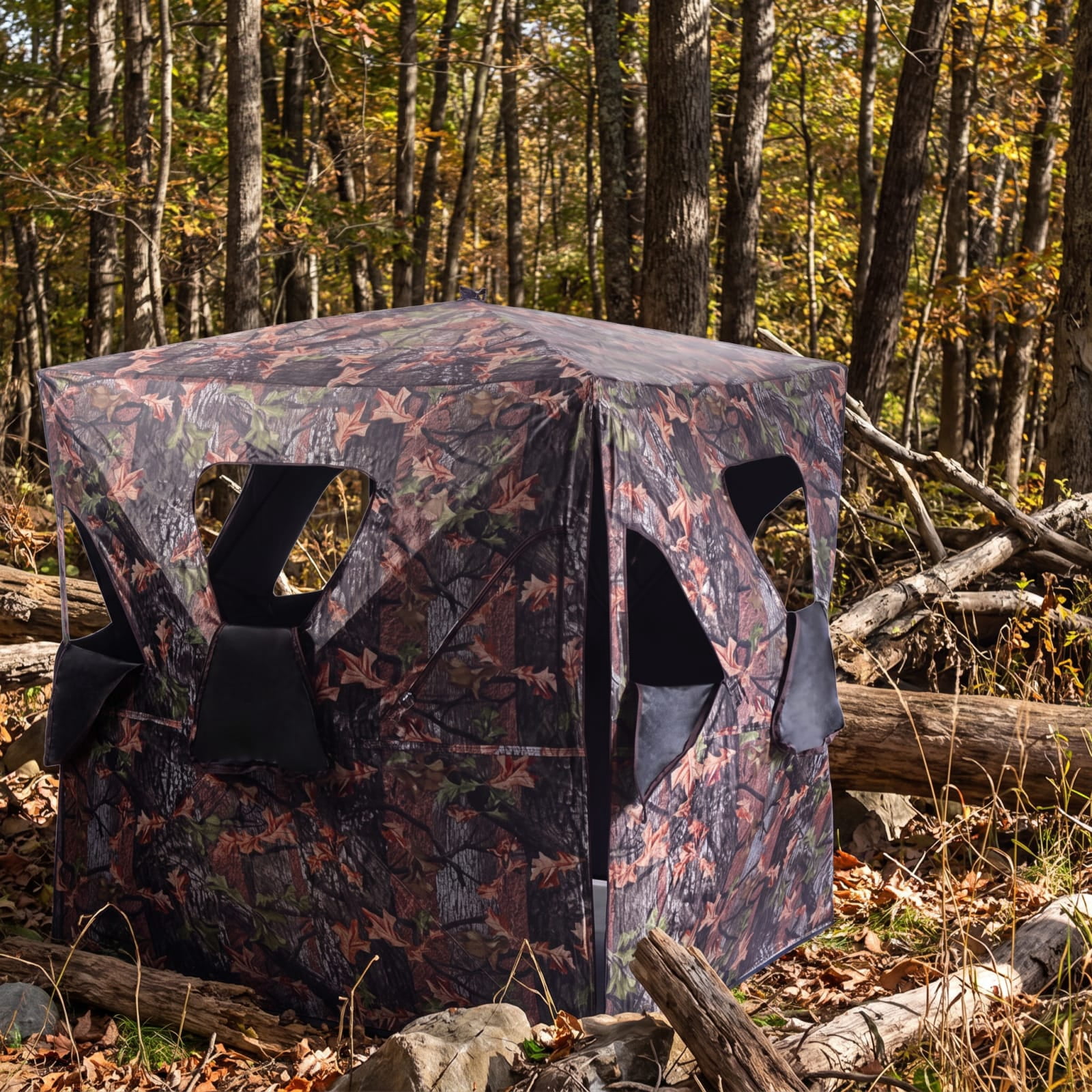 Vebreda Pop Up Ground Hunting Blind a Portable Deer Blind with Shoot Through Camo Mesh Windows and 360 Degree View for 2 to 3 People, Camo