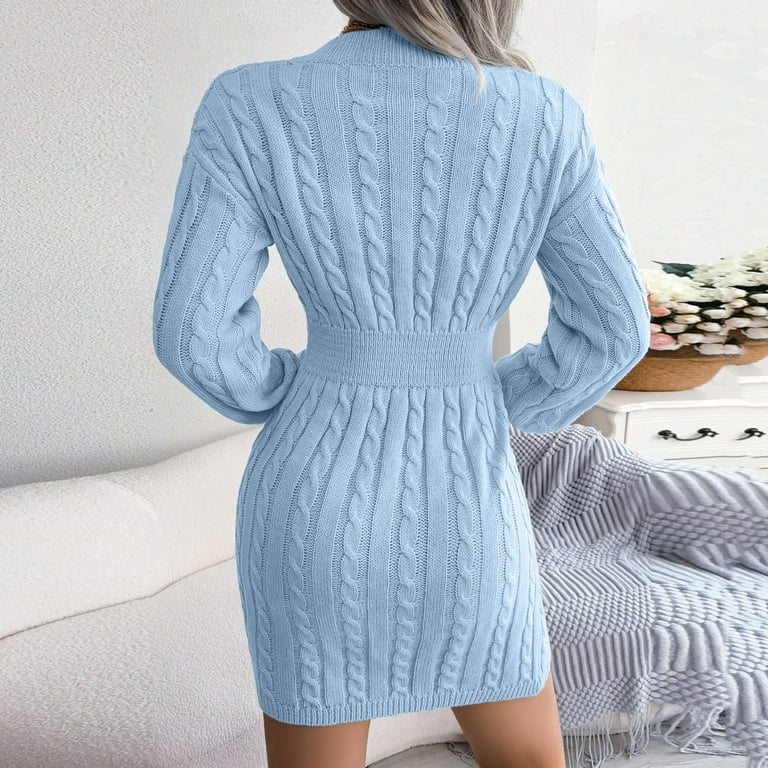 CAICJ98 Fall Clothes for Women 2023 Women's Chenille Sweater Dress Neck  Lantern Long Sleeve Dresses Blue,M - Walmart.com