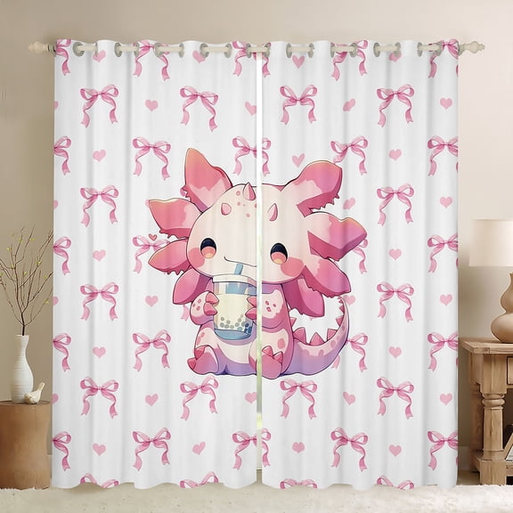 Homewish Cartoon Axolotl Black Out Curtains for Preppy Child,Kawaii Pink Bow Curtains Pack of 2 (42x63 Each),Cute Animal Salamander Bedroom Curtains,Lightweight Room Decor