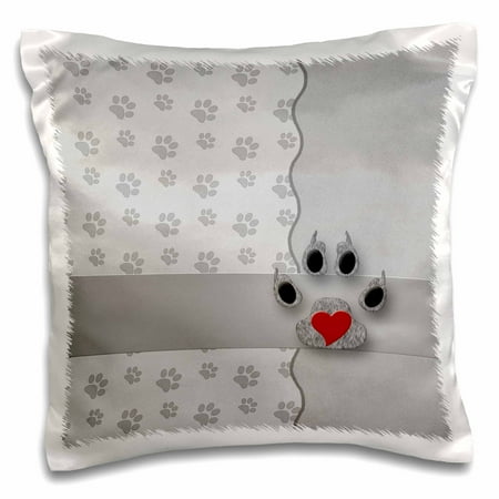 - 3dRose Dog Paw Print with Red Heart on a Soft Gray and Silver Background - Pillow Case, 16 by 16-inch