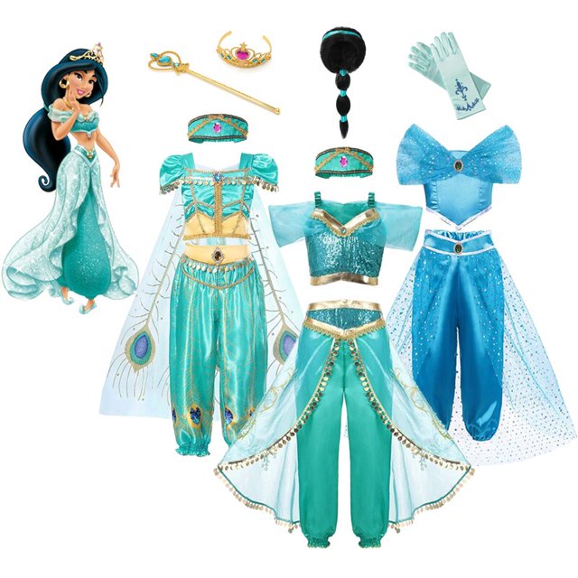 Disney Girls Princess Jasmine Dress Up Magic Lamp Cosplay Costumes and Fancy Dress Halloween Party Clothing Set Kids zhangyuxiang LED