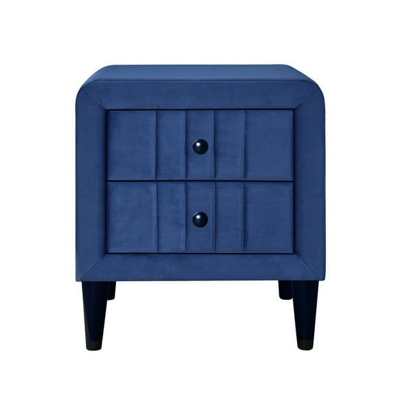 Simple Relax 2 Drawers Velvet Upholstered Nightstand with Tapered Shape Legs in Navy Blue