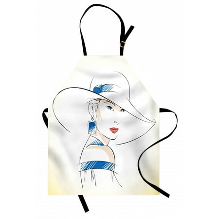 

Vintage Woman Apron Fashion Sketch of Female with Hat and Blue Eyes Illustration Unisex Kitchen Bib with Adjustable Neck for Cooking Gardening Adult Size Ivory Blue Coral by Ambesonne