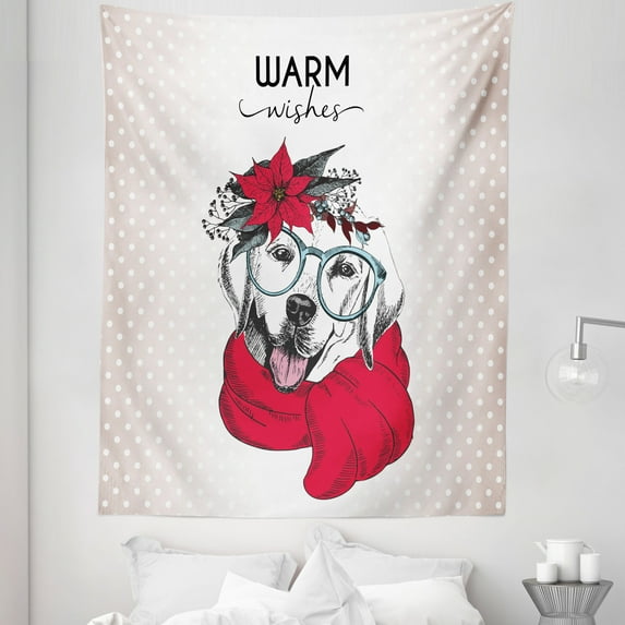 Labrador Tapestry, Labrador Warm Wishes Words with Glasses Scarf Flowers on Head Polka Dots, Fabric Wall Hanging Decor for Bedroom Living Room Dorm, 5 Sizes, Multicolor, by Ambesonne