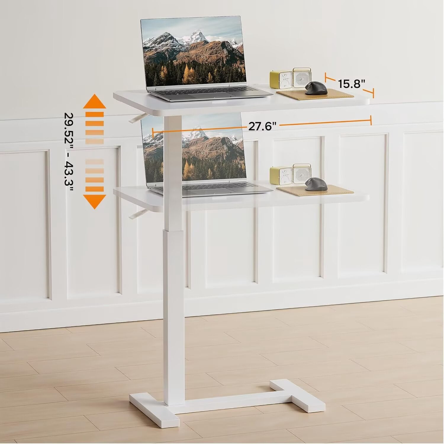 Simple Deluxe Overbed Bedside Table with Hidden Casters, Adjustable Pneumatic Mobile Laptop Computer Standing Desk, Rolling Laptop Table, Movable Overbed Table Hospital Home Use, White