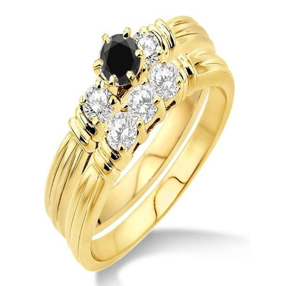 1.25 Carat Black Diamond Three Stone Bridal Set on 10k Yellow Gold