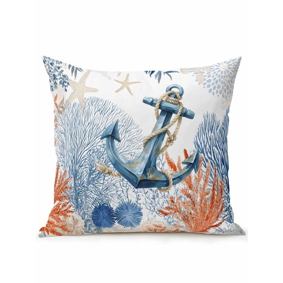1 Pack Outdoor Throw Pillow, Nautical Anchor Waterproof Pillow with Insert Included, Blue Coastal Starfish Coral Leaves Decorative Accent Cushion Sofa Pillows for Patio Porch, 16 x 16 In