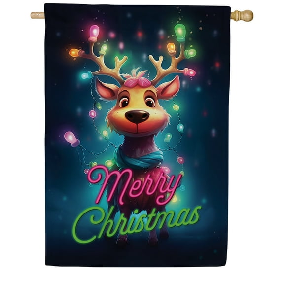 America Forever Reindeer Christmas House Flag, 28 x 40 inch Double Sided, May Your Christmas Be Bright Banner, Holiday Lights Outdoor Decor, Festive Outside Decorations Yard Flag