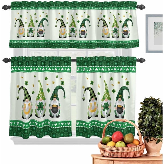 Kitchen Tier and Valance Curtains Set,St. Patrick''s Day Cute Gnome 3 Piece Rod Pocket Curtain Valances Short Drapes Spring Green Clovers Check Window Tiers for Bedroom Bathroom Decor