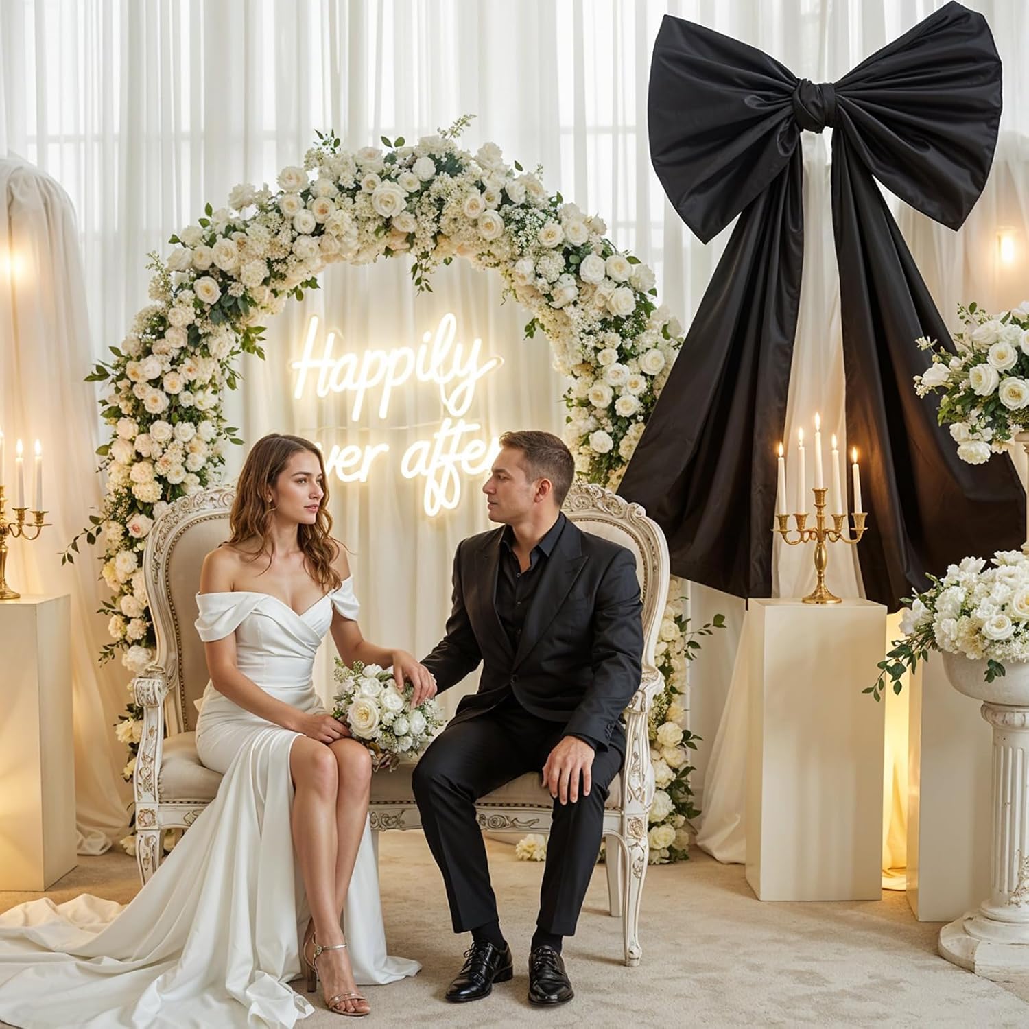 Black Bow Decor, 40 x 24 Inches Large Big Black Bow Party Decorations for Backdrop Birthday Wedding Bride, Huge Satin Ribbon Tie Hanging Wall Decor for Her (Satin, Internal Stability Layer)