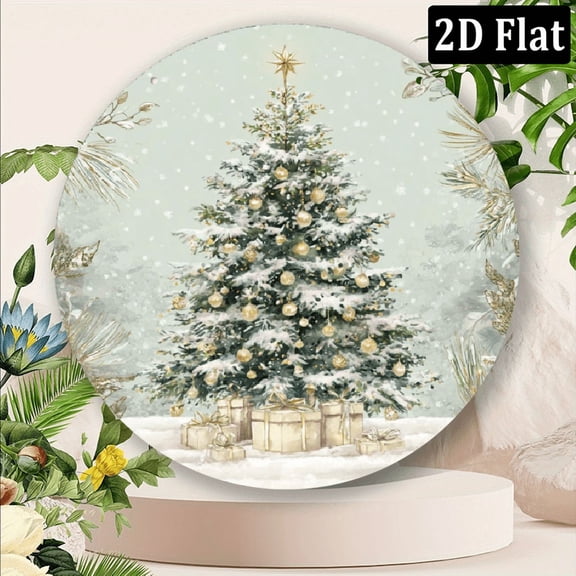 2D Flat Vintage Style Metal Round Christmas Wreath Sign Snowy Christmas Tree with Presents Design, Wall Hanging Decor for Cafe, Bedroom, Farmhouse - Multipurpose, No Electricity Needed