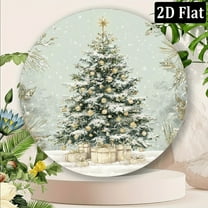 2D Flat Vintage Style Metal Round Christmas Wreath Sign Snowy Christmas Tree with Presents Design, Wall Hanging Decor for Cafe, Bedroom, Farmhouse - Multipurpose, No Electricity Needed