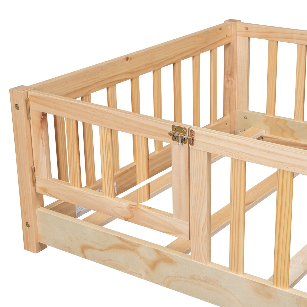 Twin Montessori Playpen Floor Bed Frame with Safety Guardrail Fence and Door, 79.5x41.8x17.5inch, Natural