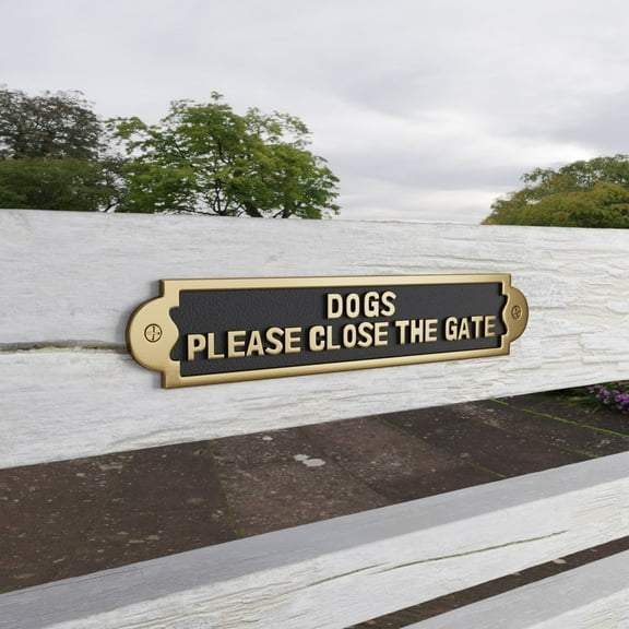 Renovators Supply Beware of Dog Sign 10.9" x 2.1" Keep Gate Closed Sign Cast Brass Please Close Gate Sign