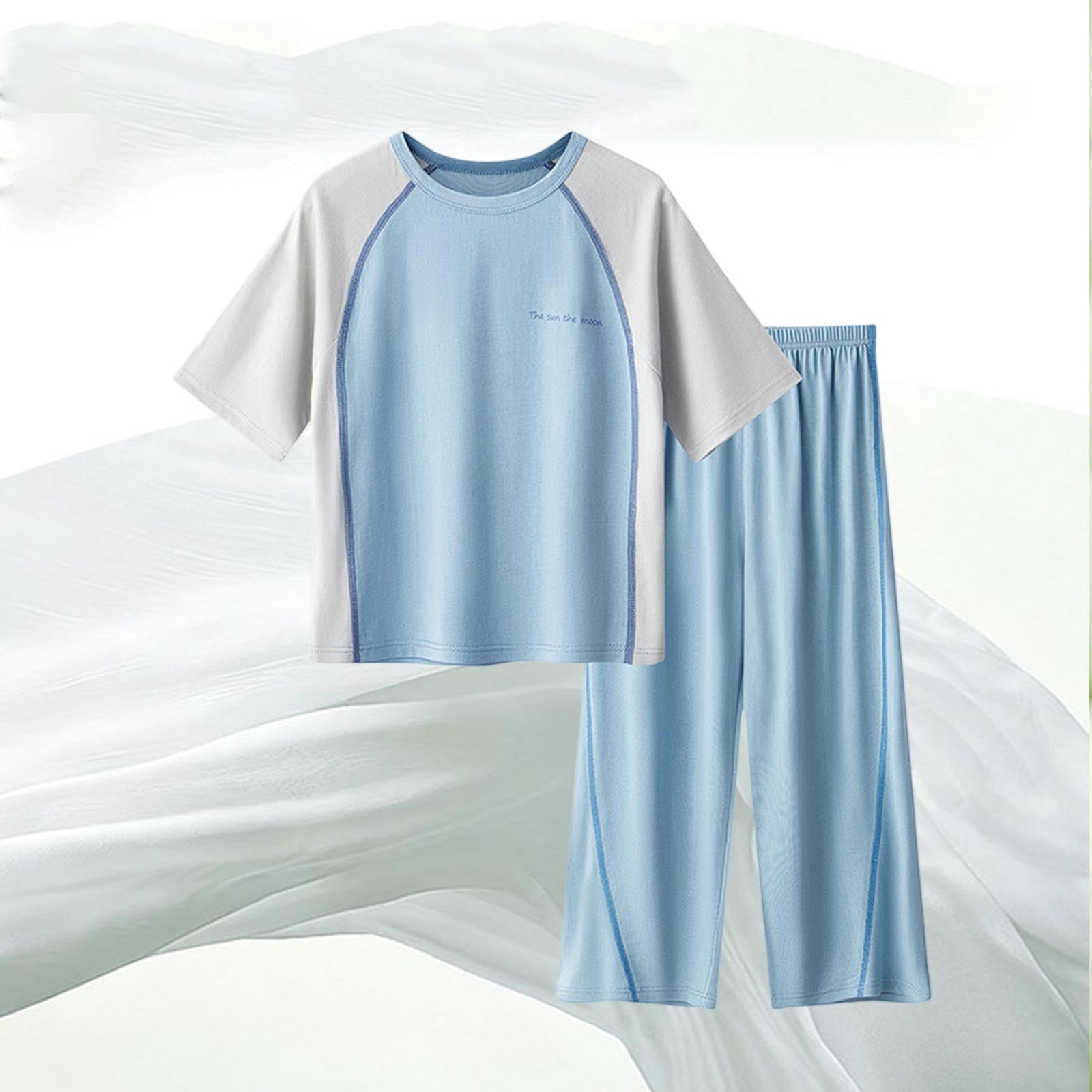 PInxia Summer 2 Piece Sets for Girls Boys Clothes Round Neck Color Block Basic Tee Elastic Wide Leg Pants Casual Workout Sets Blue 9-10 Years