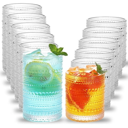 Hobnail Drinking Glasses Set of 12, 12 Oz Highball Glasses & 10 Oz Cocktail Glasses, Clear Embossed Boho Glass Cups Kitchen Bar Tumbler Glassware Set for Whiskey, Beer, Juice, Milk