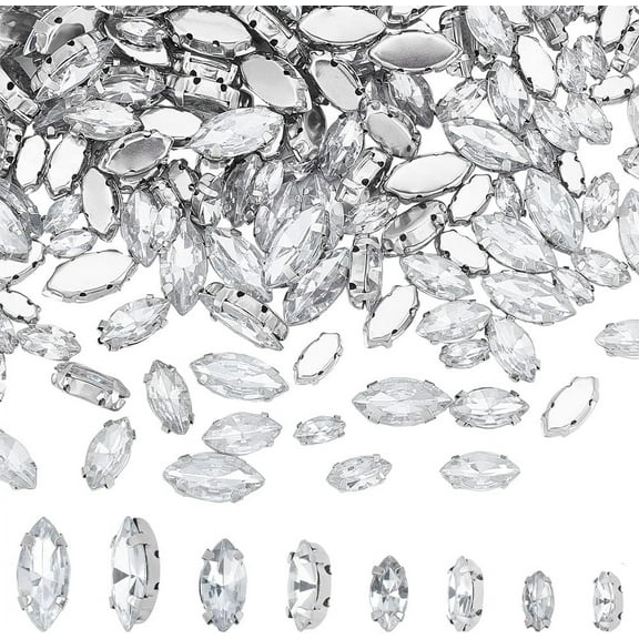 200 pcs 4 Sizes Sew on Horse Eye Faceted Acrylic Rhinestone Flatback with Brass Findings 4-Hole Bead Charm for Clothing Dress Decoration Clear 1 Box