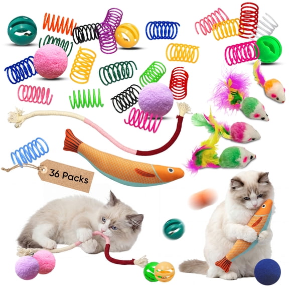 36 Pcs Interactive Cat Toys Set for Indoor Cats Kitten Toys Variety Pack Includes Plush Fish, Chew Ropes,12 Colors Cat Springs, Feather Mice and Balls Best Gift for Adult Cats