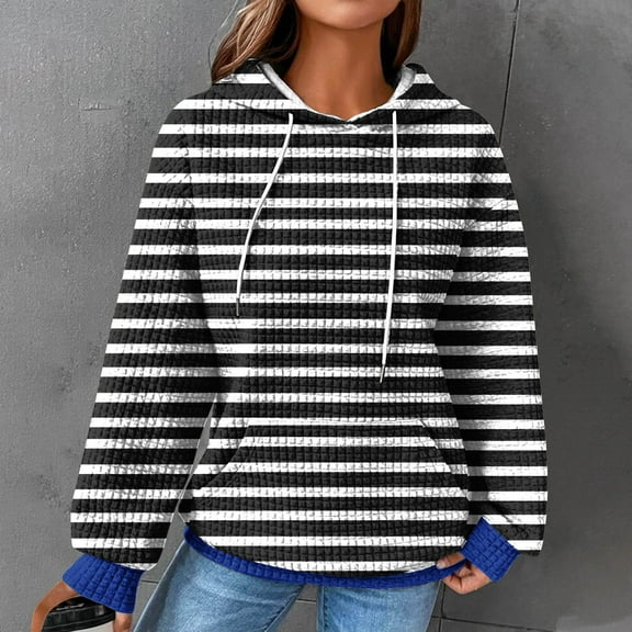 FAVIPT Womens Striped Waffle Hoodie Hoodies for Women 2024 Fall Print Long Sleeve Hooded Sweatshirt Drawstring Pocket Pullover Hoodie Top Black,L