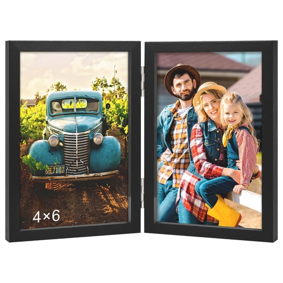5x7 Picture Frames Double Hinged Wood Folding Photo Frames Vertical with Plexiglass Front, Black