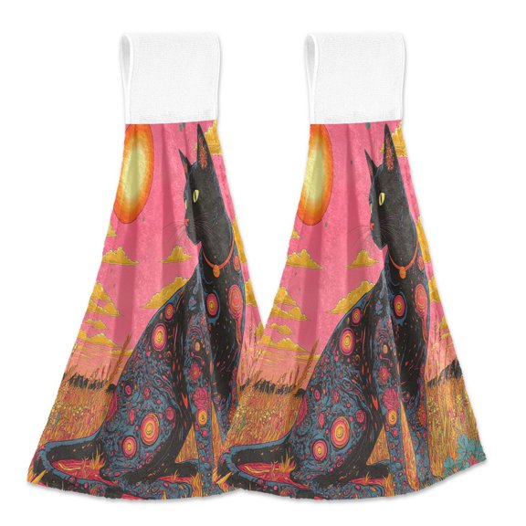 BZSMCE Hanging Hand Towels Fashion Cosmic Cat in Color Pattern 2-Pack - Velcro Style Bathroom Kitchen Towels