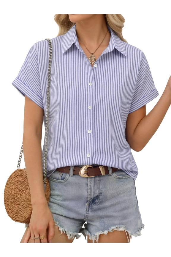 Short Sleeve Summer Tops for Women Casual Button Down Shirts Striped Business Work Blouses