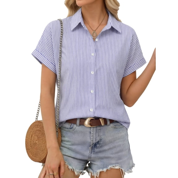 MOYIKO Short Sleeve Summer Tops for Women Casual Button Down Shirts Striped Business Work Blouses