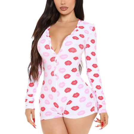 

Women Jumpsuit Shorts Valentine s Day Bodycon Romper V Neck Heart Pajamas Onesie Butt Flap Sleepwear