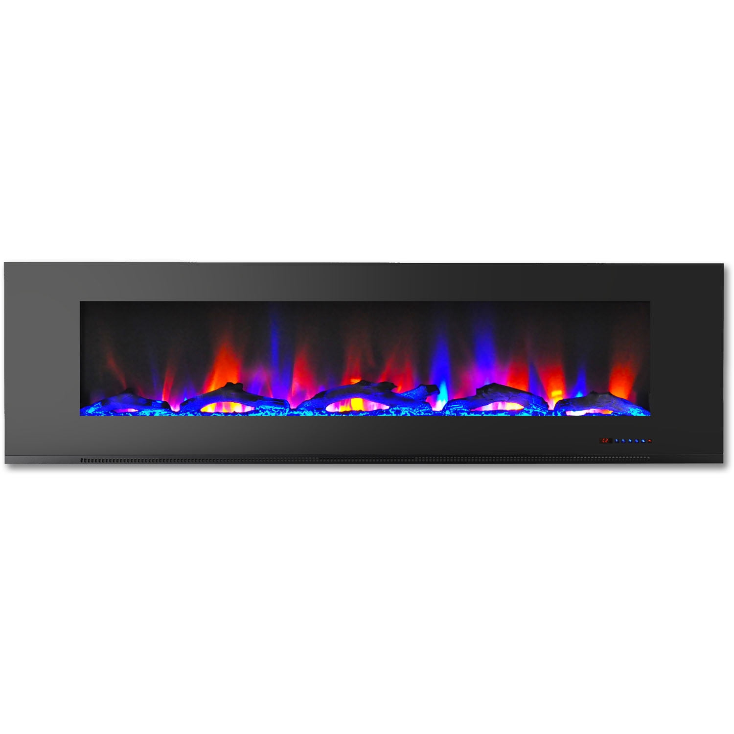 Hanover 72 In. Wall-Mount Electric Fireplace in Black with Multi-Color Flames and Driftwood Log Display
