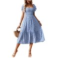 thumbnail image 3 of Women'S Summer Boho Floral Midi Dress Casual Short Sleeve Square Neck Flowy Beach Vacation Long Dress Blue XL, 3 of 10
