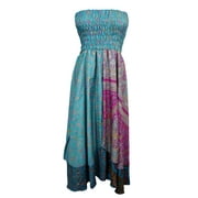 Mogul Womens Beach Dress Vintage Silk Sari Green Two Layered Maxi Skirt