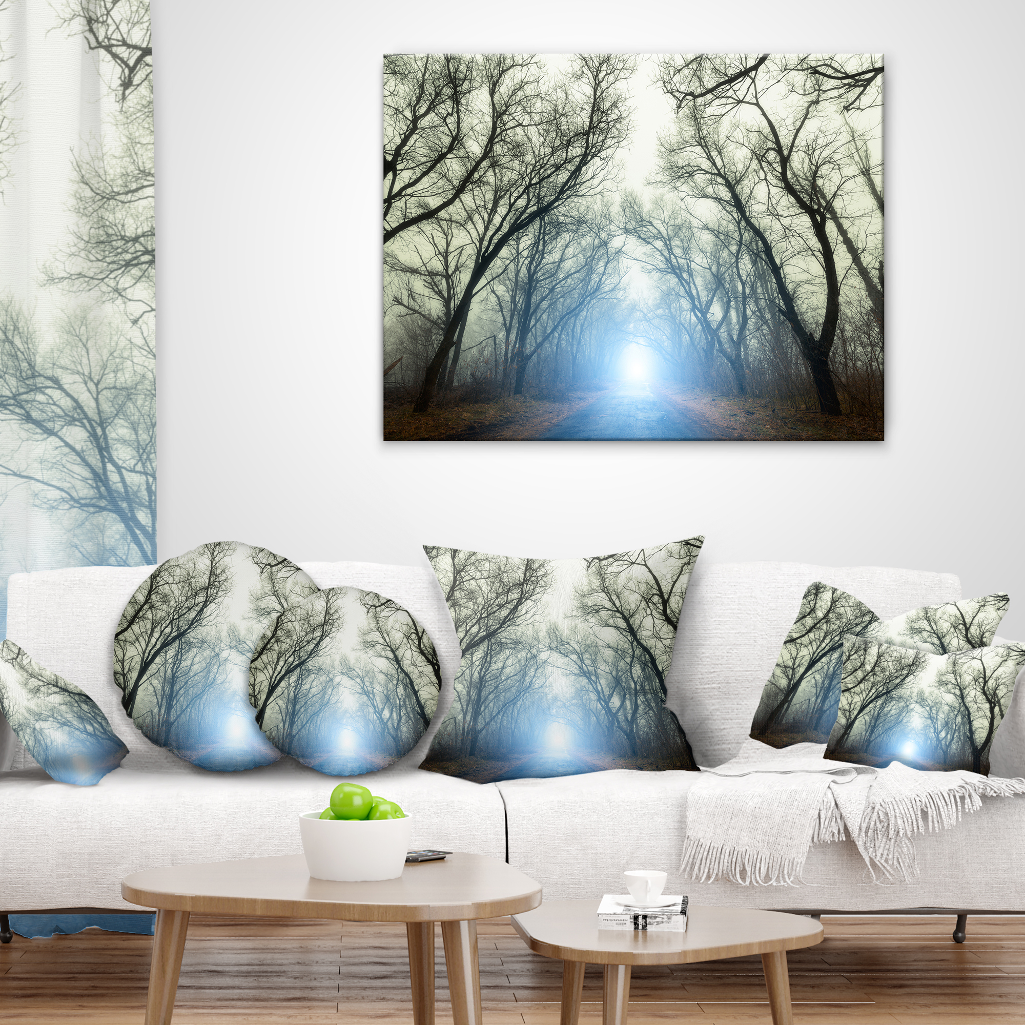Designart Blue Light in Foggy Autumn - Landscape Photo Throw Pillow - 18x18