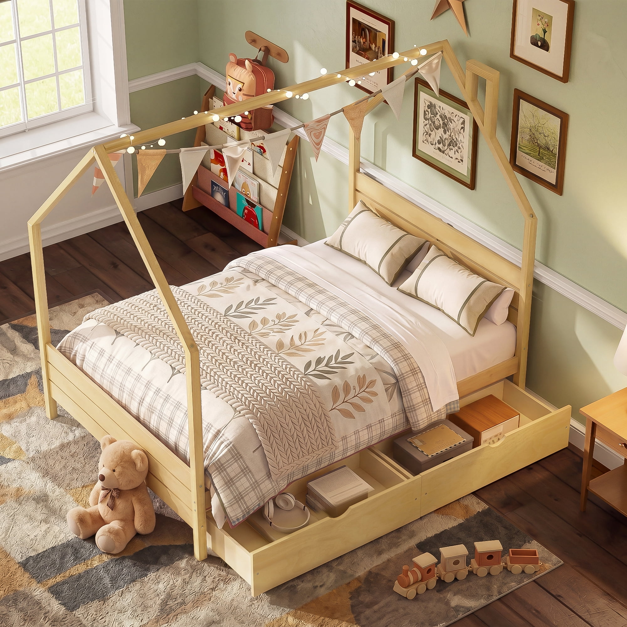 Mintazer Full Kids House Canopy Platform Bed with 2 Storage Drawers, Montessori Bed with Headboard for Bedroom, Natural