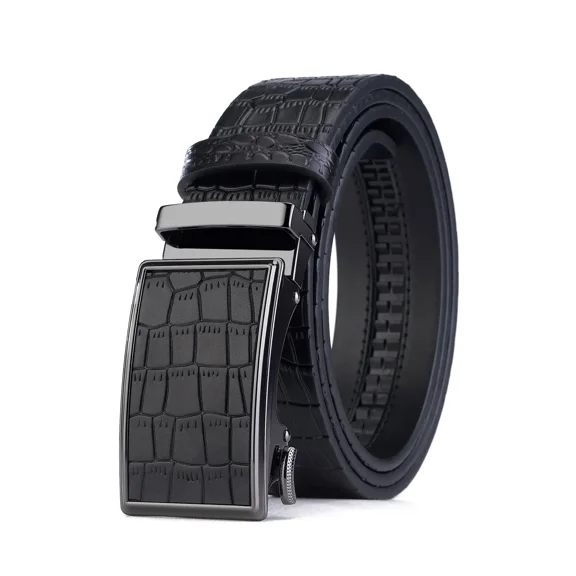 DHM Men PU Leather Automatic Ratchet Belt Crocodile Pattern Black