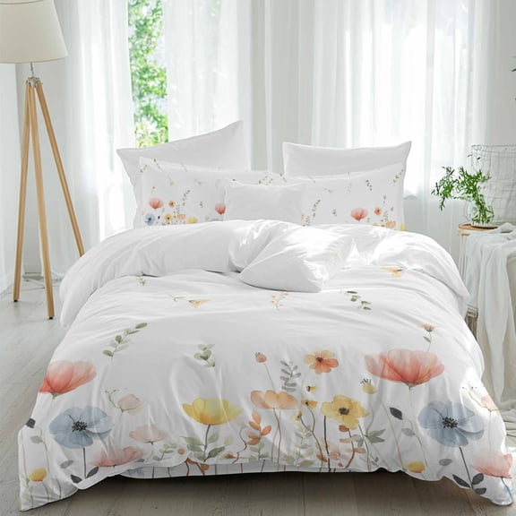 Spring Poppy Flowers Twin Size Comforter Set, Colorful Floral Farmhouse Bedding for All Seasons, 4 Pcs Bed Set, 1 Quiltcover (68"x86") ,1Sheet(67"x116"), 2Pillowcases (30"x20")