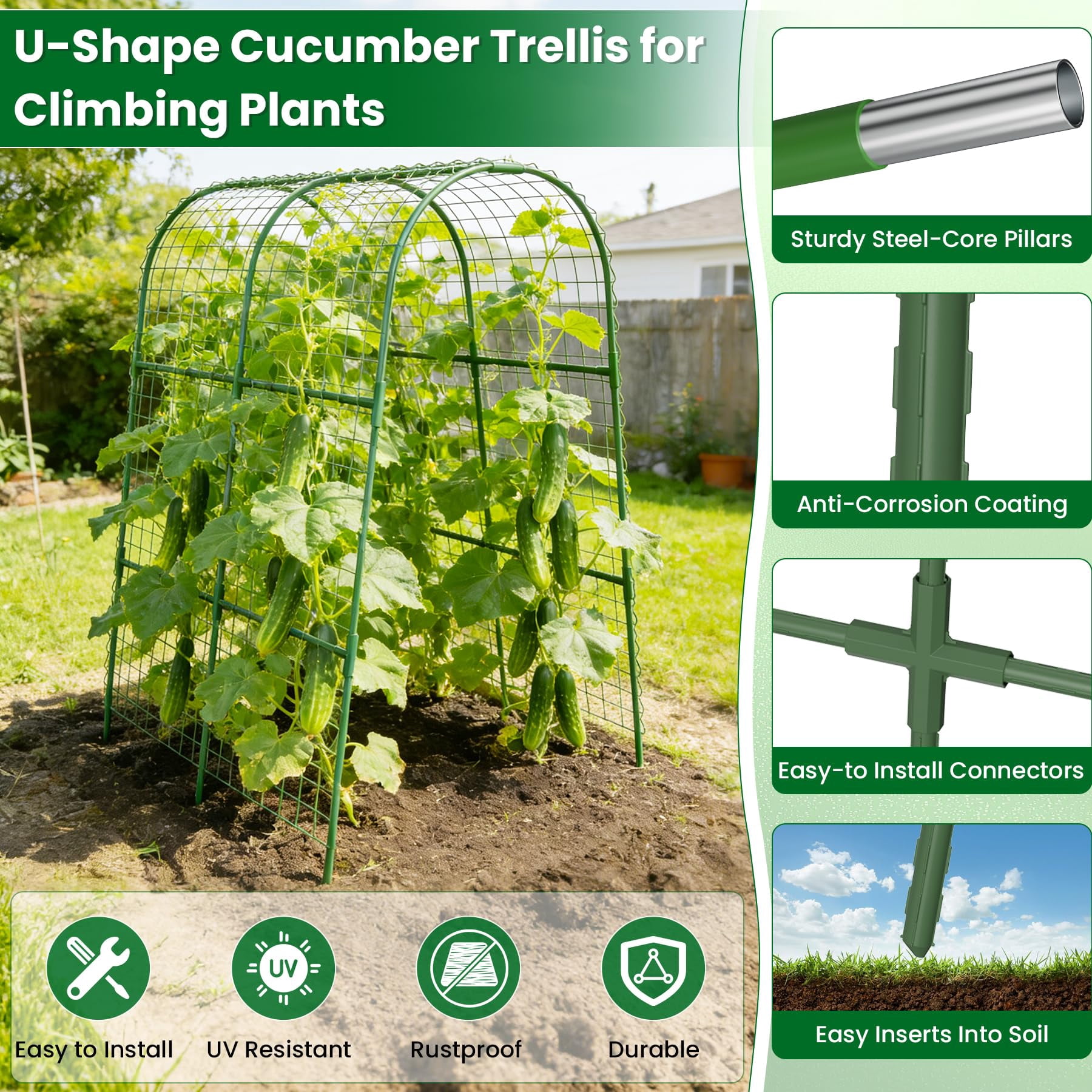 Cucumber Trellis For Raised Bed 32" L X 48" H  U-shape Garden Climbing Plants Outdoor Metal Arch Vegetables Plant Support Tomato Pea Zucchini Grape Flowers