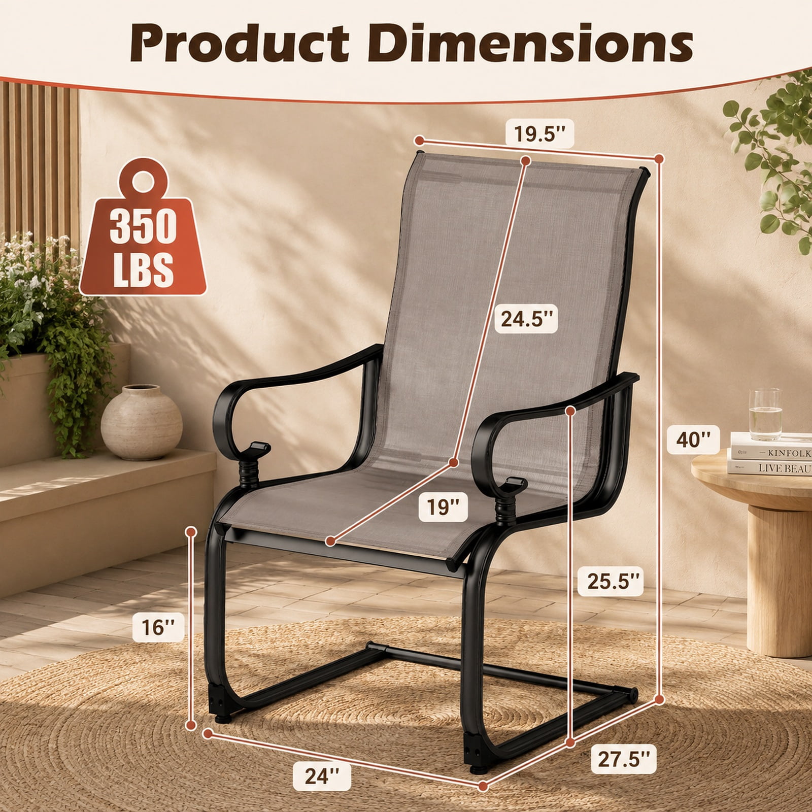 Furnibear Set of 2 Patio Chairs with Quick-drying Breathable Fabric and 15 Degree Rocking Motion for Backyard Pool and Porch, Gray