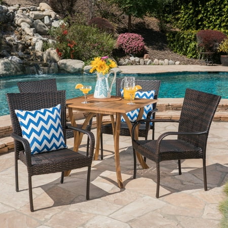 Emerson Outdoor 5 Piece Acacia Wood and Wicker Dining Set Teak Multibrown