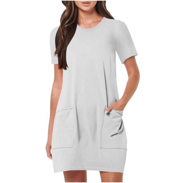 Mgmyaa Robe T-Shirt Décontractée pour Femmes avec Poches, Col Rond, Manches Courtes, Mini Robes avec Poches