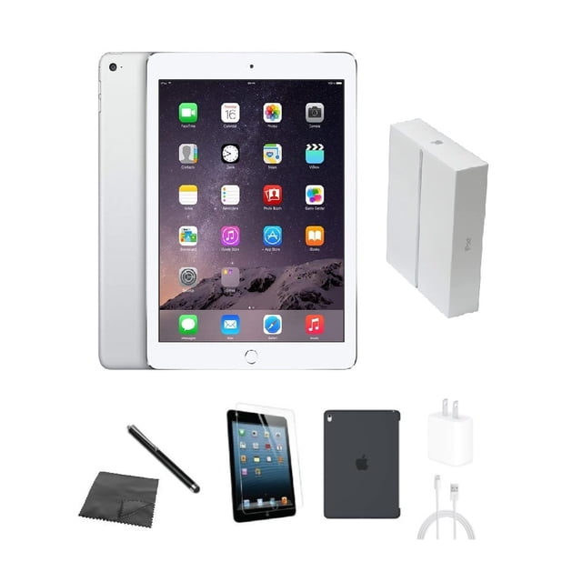 Apple iPad Air 2 A1567 (WiFi + Cellulaire Déverrouillé) 64 Go Argent Ensemble avec Étui, Boîte, Verre Trempé, Stylet, Chargeur