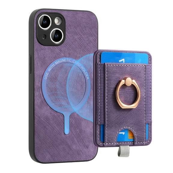 Dteck for iPhone 14 Case, 2 in 1 Magnetic Wallet with Phone Grip, Compatible with MagSafe, Detachable Premium PU Leather Magnetic Case with Card Slots Ring Holder,Purple