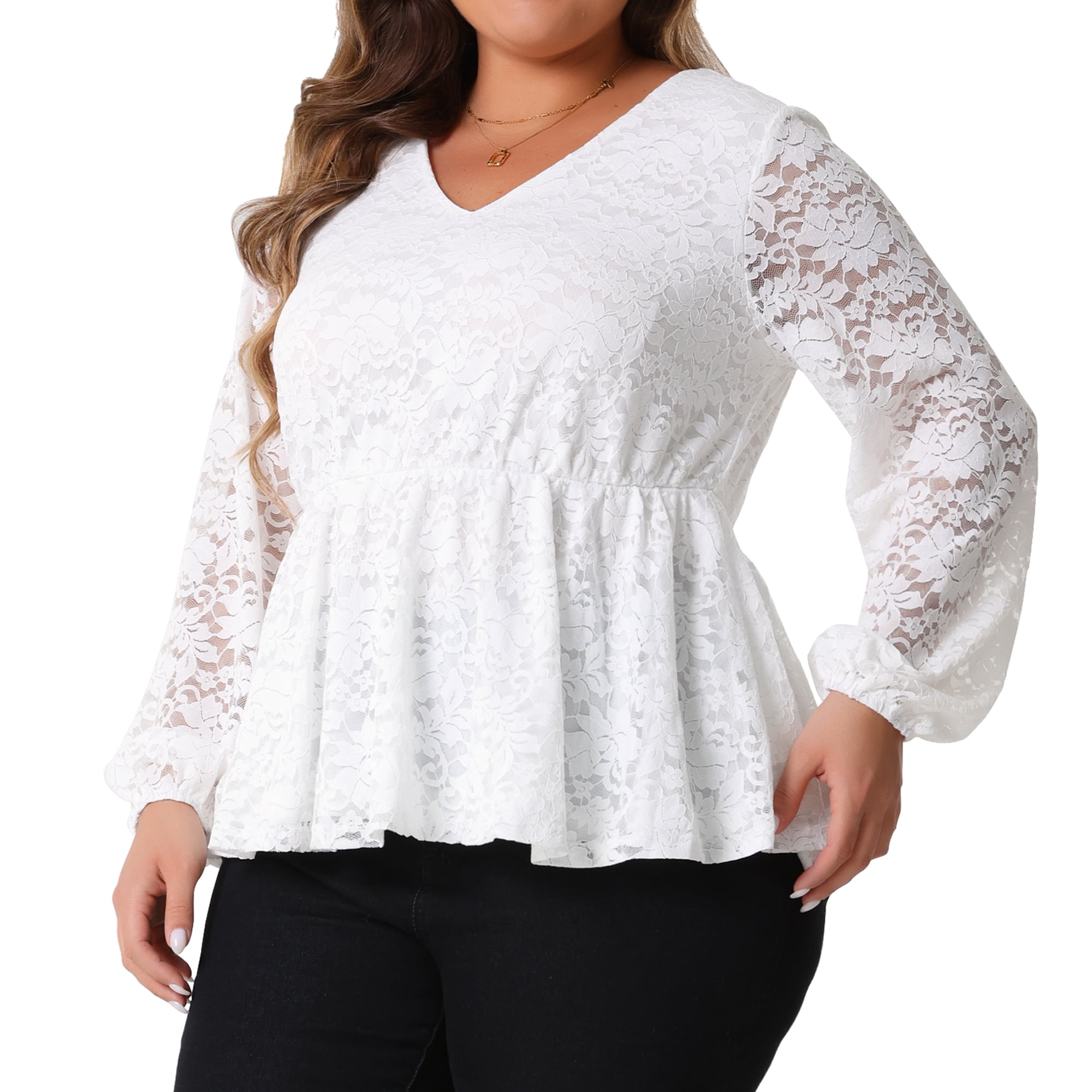DARING DIVA Women's Plus Lace  V Neck Long Sleeve Floral Peplum Blouse 4X White