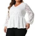 thumbnail image 2 of DARING DIVA Women's Plus Lace V Neck Long Sleeve Floral Peplum Blouse 1X White, 2 of 6