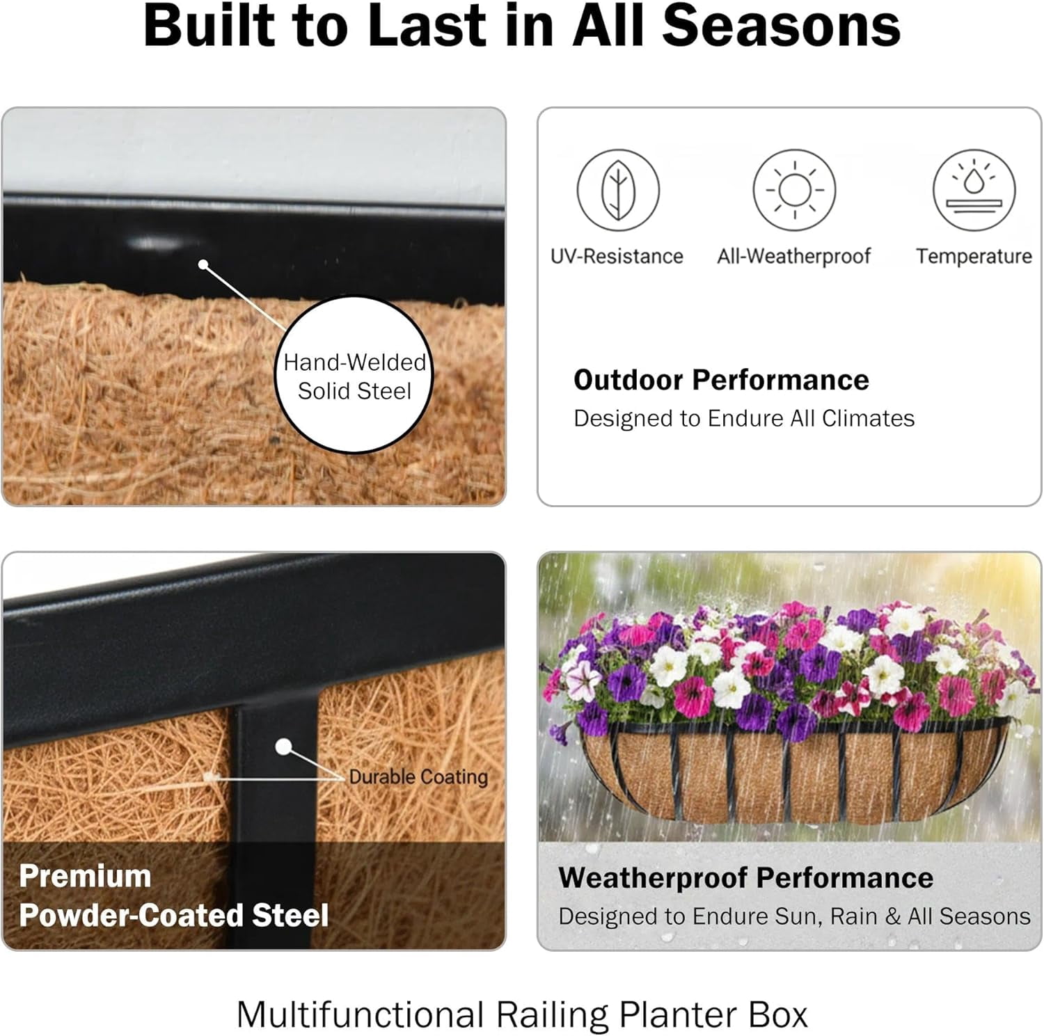 16“ Window Box Railing Planter with Coco Liner Metal Wall-Mounted Coconut Liner Planter Basket English Horse Trough Planters for Outdoor Deck Balcony Porch Fence Patio Black (2 Pack)