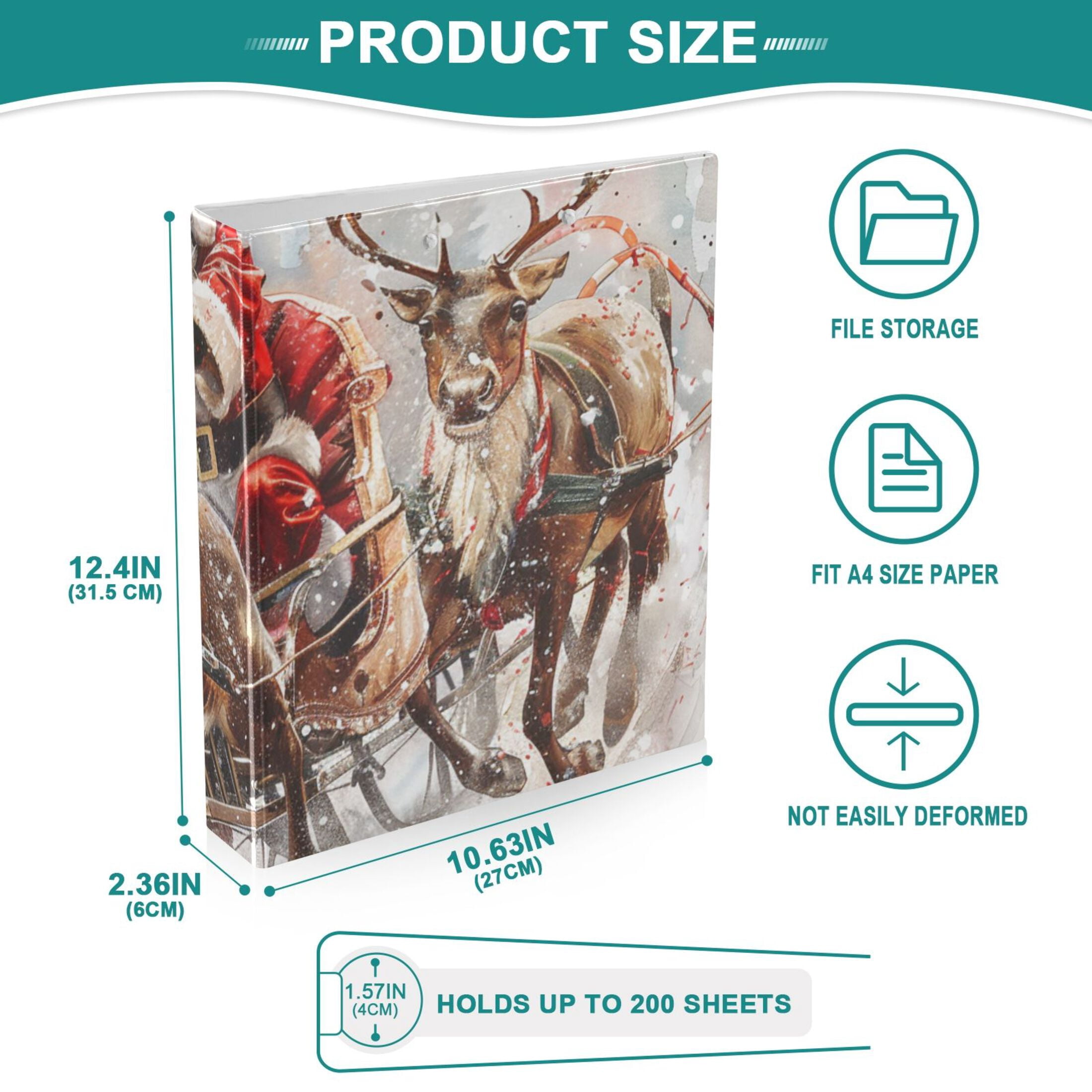 Santa Claus Reindeer 3 Ring Binders 1.5 inch Hardcover File Folders with Interior Pockets A4 Size Organizer for School Office Hospital