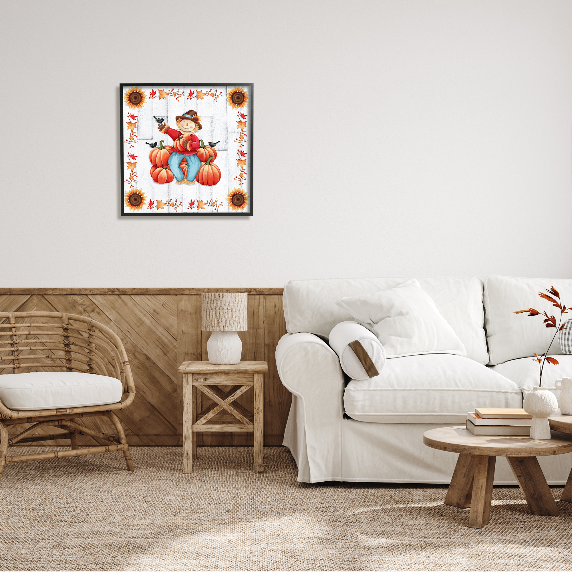 Stupell Industries Autumn Scarecrow & Pumpkins Holiday Painting Black Framed Art Print Wall Art, 24 x 24