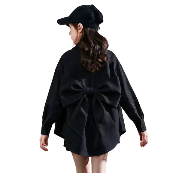 Bysome Tees for Girls First Day of School Solid Color Bowtie Long Sleeve Lapel Neck Shirts Back to School Lightweight Girl Tees Size 3-4 Years Black